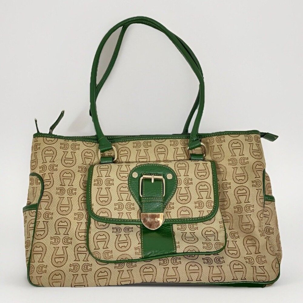 ETIENNE AIGNER Tan Logo Canvas Green Trim Shoulder Handbag Organizer 4 Dividers